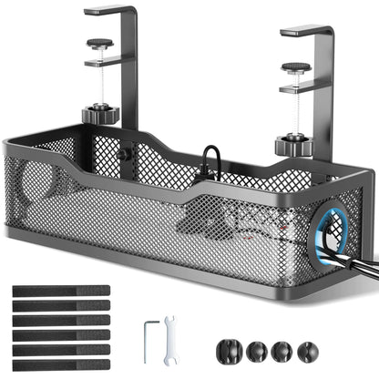 Cable Management Under Desk Tray Under Desk Cable Management No Drill Cable Management Box with Clamp for Desk Wire Management Desk Cord Organizer for Office Home - No Damage to Desk (Black)